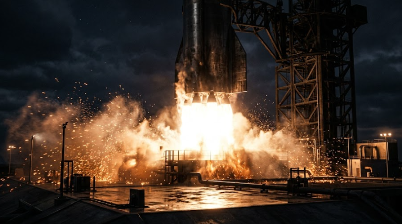 Rocket on launchpad at dusk