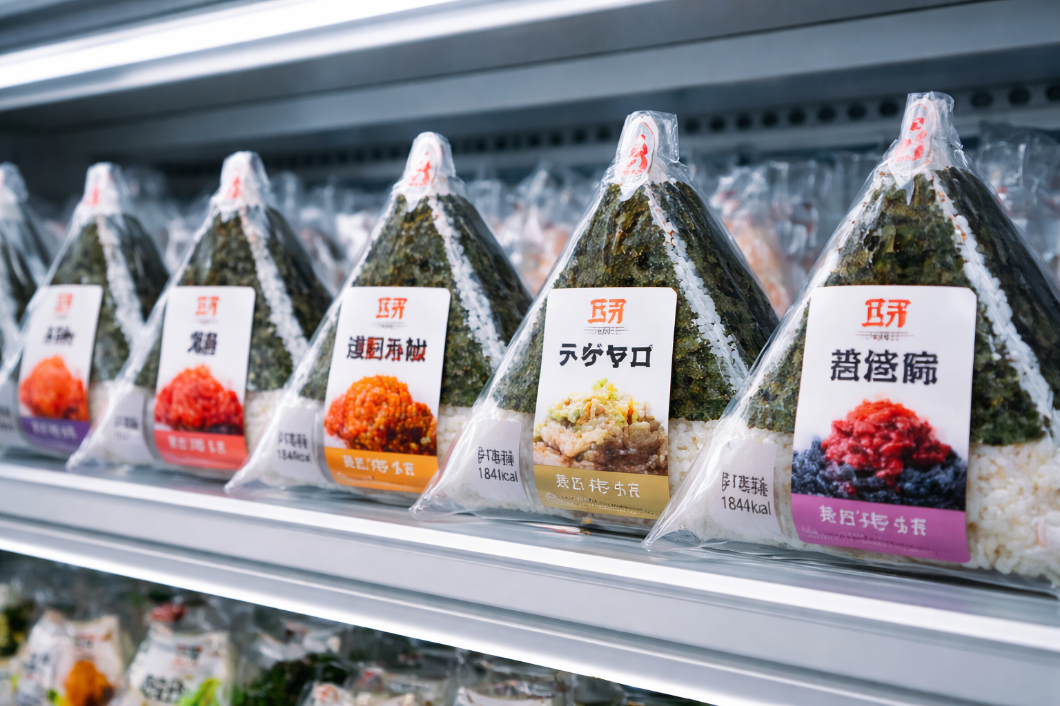 Japanese convenience store onigiri perfectly arranged on shelf