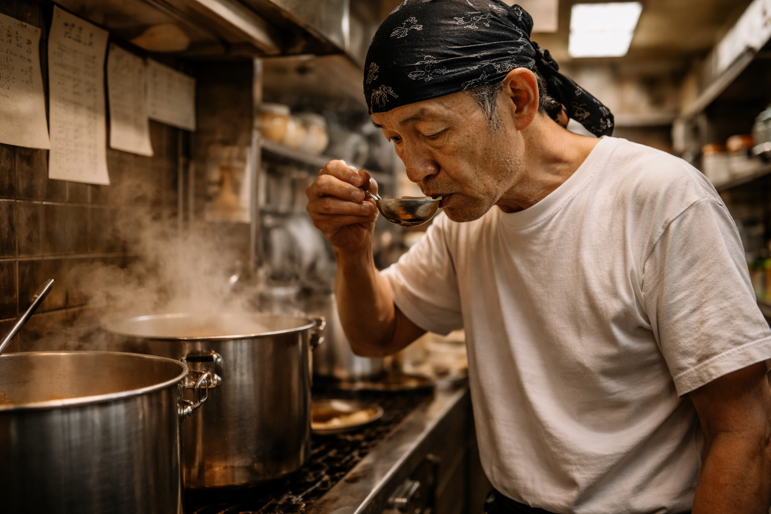 Japanese craftsman polishing a knife blade in traditional workshop