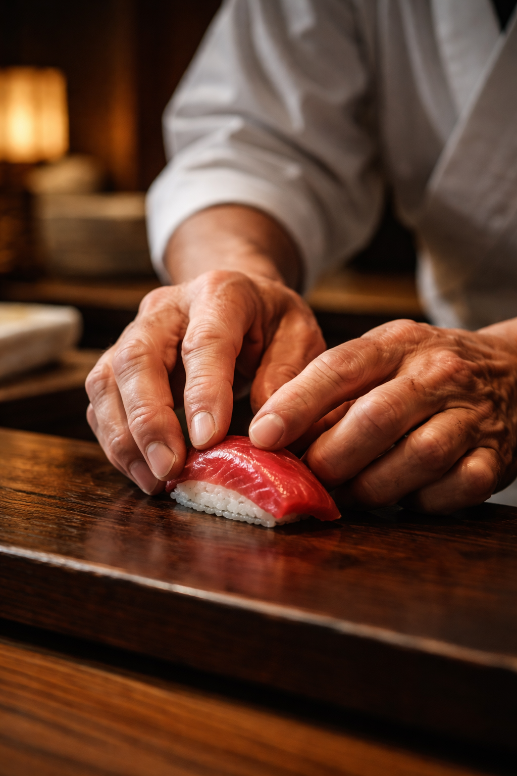 Japanese sushi master's hands shaping nigiri