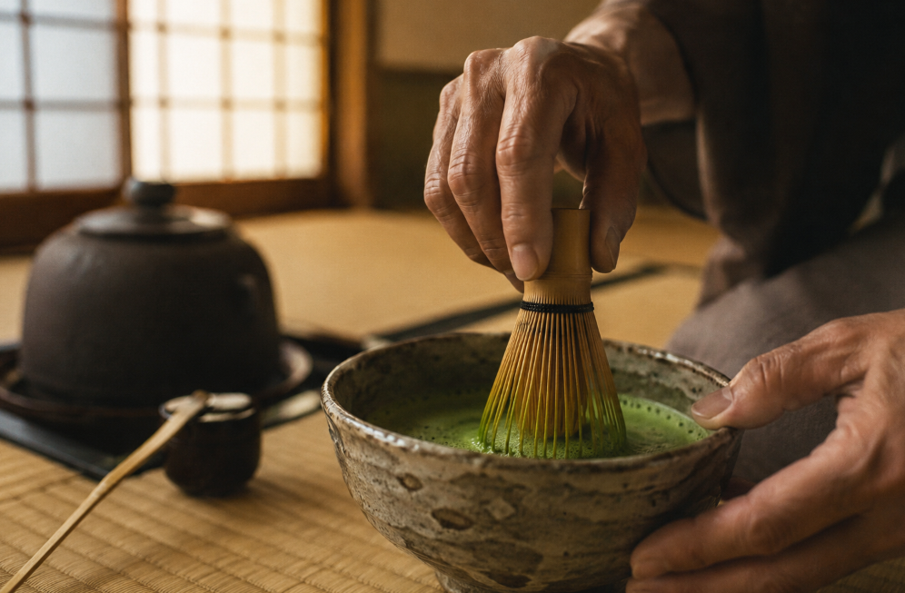 Traditional Japanese tea ceremony with matcha being whisked in a hand-thrown ceramic bowl, tea room visible in background with tatami flooring and shoji screens