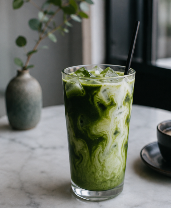 Side-by-side comparison: traditional matcha whisk preparation in ceramic bowl (left) versus modern iced matcha latte in a clear glass with oat milk (right)